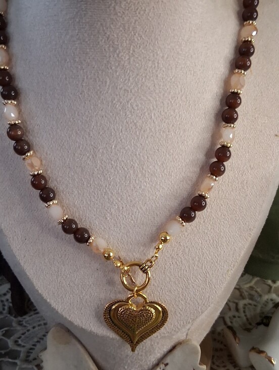 Hand Crafted Jewelry - Gold Heart Pendant Brown and Cream Beaded Necklace